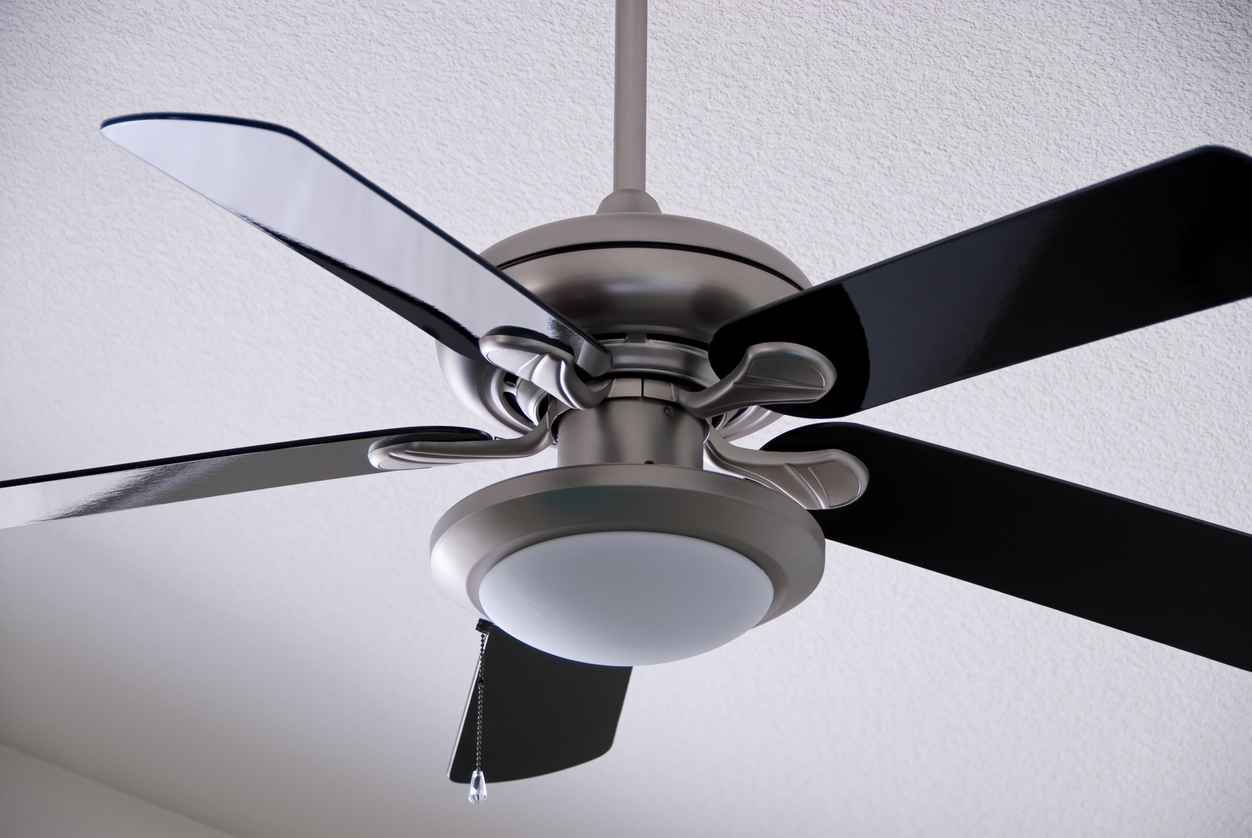 A brushed metal ceiling fan with black fins.  